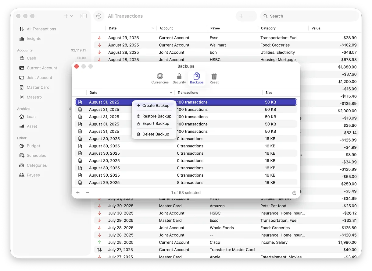 Manage backups